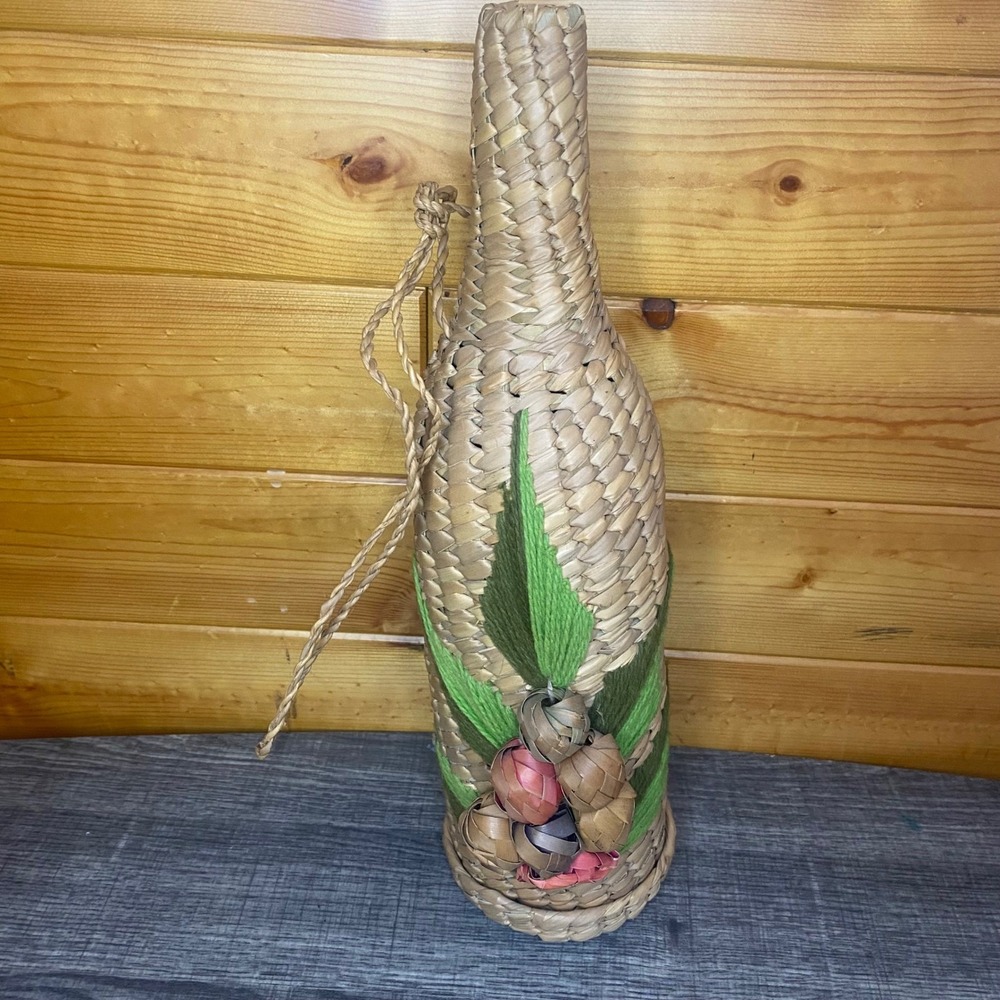 Vintage‎ Woven Raffia Bottle Cover Decorative Holder with Fruit Embellishments